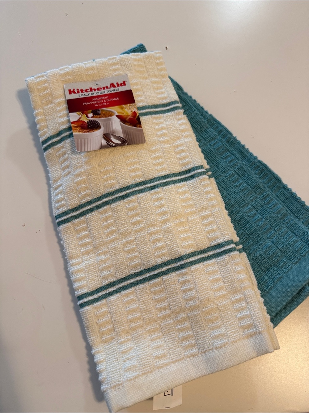 Kitchenaid set of 2 kitchen towels cotton absorbent new white aqua blue